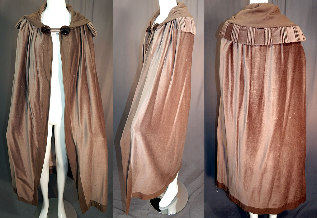 Vintage Art Deco Khaki Brown Mohair Wool Winter Shawl Collar Cloak Cape
This vintage Art Deco khaki brown mohair wool winter shawl collar cloak cape dates from the 1920s. 