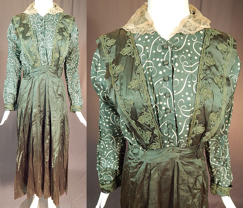 Edwardian Titanic Olive Green Silk Polka Dot Print Soutache Trim Pinafore Dress
This vintage Edwardian Titanic era olive green silk polka dot print soutache trim pinafore dress dates from 1912. It is made of a green and white silk fabric with a polka dot scrolling print top and olive green color fine silk fabric overlay, skirt. There is green silk soutache braided trim accents on the top. This gorgeous green dress has a layered pinafore apron style overdress top, with an added cream lace flounce ruff collar trim, silk covered button trim accents down the front and hook closures hidden underneath, long sleeves with soutache trim cuffs, a pleated silk long floor length skirt and is unlined. 