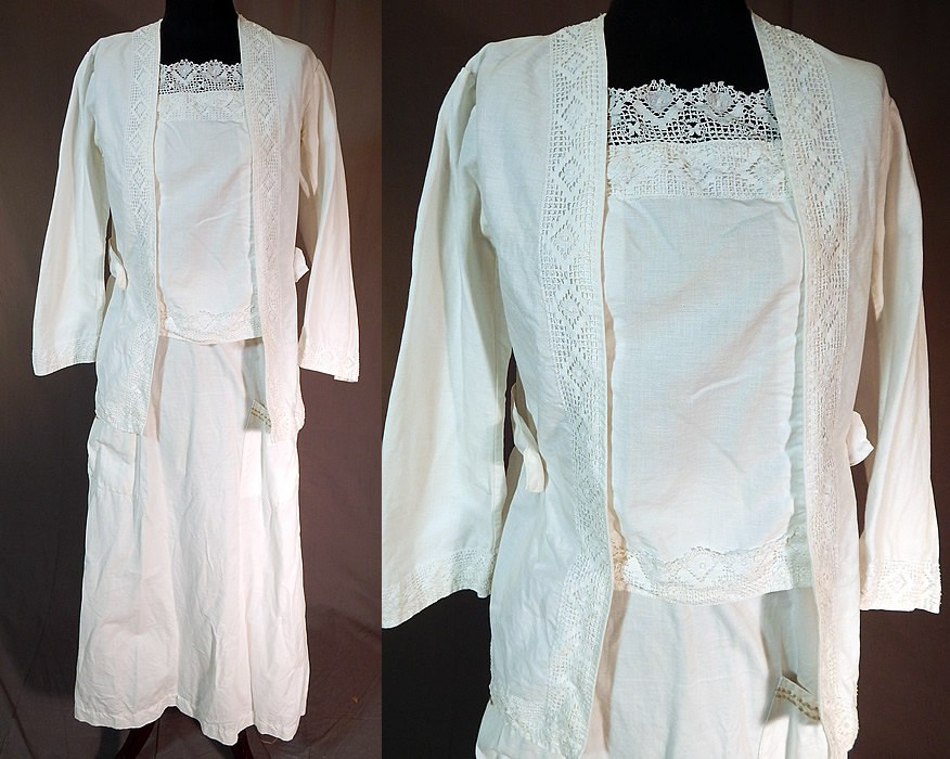 Edwardian White Cotton Cluny Bobbin Lace Walking Suit Jacket Blouse Skirt

It is made of a white cotton twill fabric, with cluny bobbin lace trim edging and ecru silk floss thread embroidery accents on the belted back jacket and skirt pockets. 