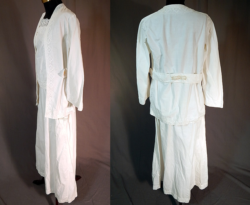 Edwardian White Cotton Cluny Bobbin Lace Walking Suit Jacket Blouse Skirt
The top measures 25 inches long, with a 36 inch bust, 30 inch waist, 18 inch long sleeves and 13 inch back shoulder seam. There is a matching fabric long floor length skirt, with patch pockets, a fitted waistband with side hooks, snaps closures and is unlined. 