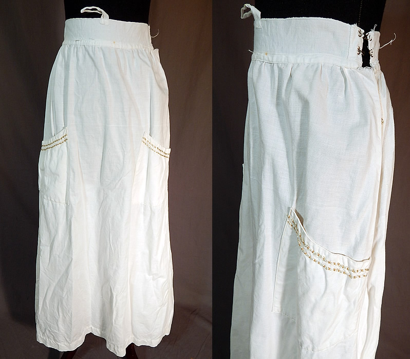 Edwardian White Cotton Cluny Bobbin Lace Walking Suit Jacket Blouse Skirt
There is a matching fabric long floor length skirt, with patch pockets, a fitted waistband with side hooks, snaps closures and is unlined. The skirt measures 37 inches long, with a 21 inch waist. 