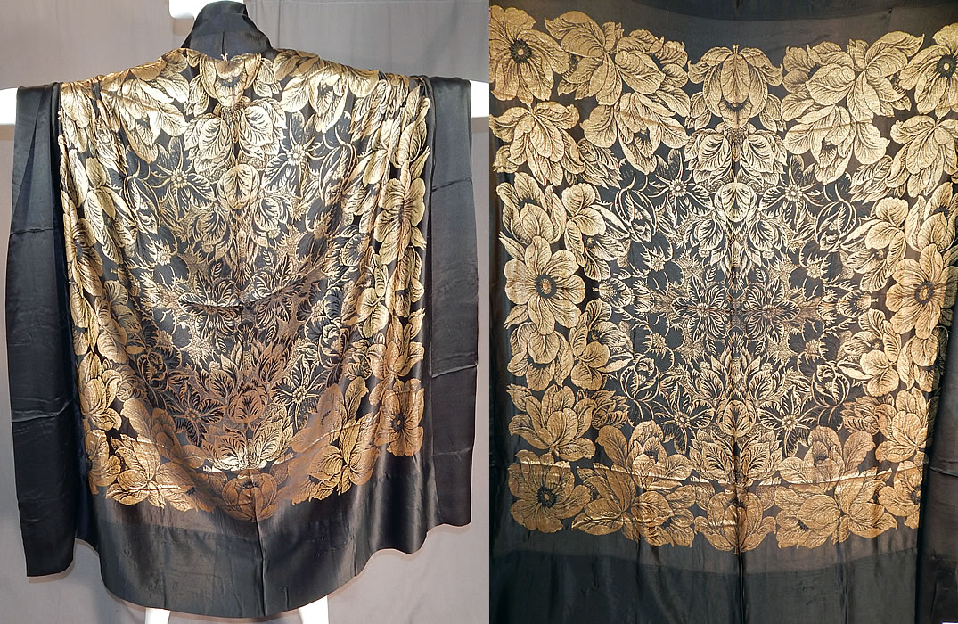Vintage Art Deco Black Silk Gold Lam&eacute; Lame Flapper Cloak Cape Shawl Scarf
This vintage antique Art Deco black silk gold lam&eacute; flapper cloak cape shawl scarf dates from the 1920s. 