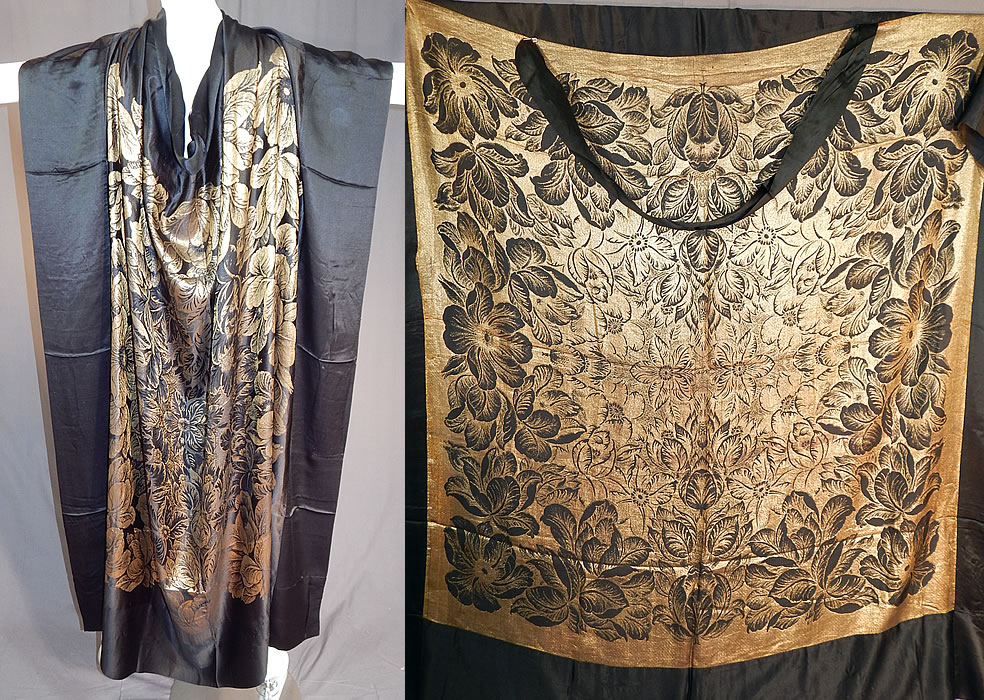 Vintage Art Deco Black Silk Gold Lam&eacute; Lame Flapper Cloak Cape Shawl Scarf
This fabulous flapper shawl scarf fabric has a black silk border edging surrounding it and an attached black silk fabric strap inside for perhaps wearing as a cloak cape which is safety pinned on one side.