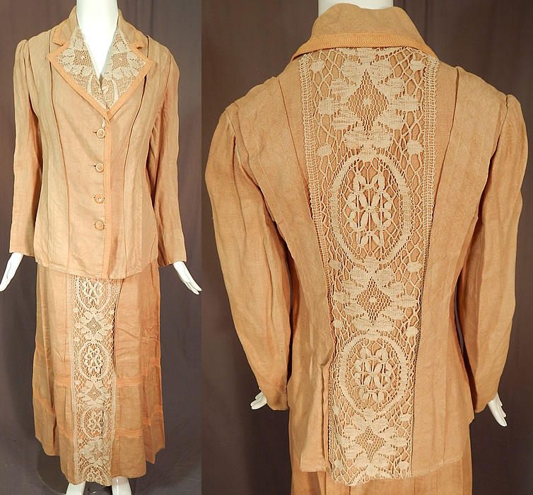 Edwardian Ecru Beige Linen Cream Cluny Lace Walking Suit Jacket Skirt
This vintage Edwardian era ecru beige linen cream cluny lace walking suit jacket and skirt dates from 1910. It is made of a grayish, yellowish brown ecru beige color fine linen fabric, with an off white cream color cluny bobbin lace trim accents. 
