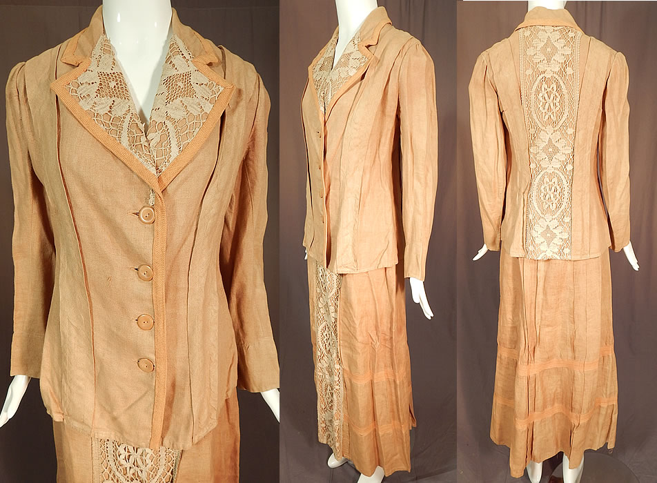 Edwardian Ecru Beige Linen Cream Cluny Lace Walking Suit Jacket Skirt
This sensational summer walking suit includes a mid length tailored suit jacket with a lace trim wide lapel fold over collar, gathered shoulders, long full sleeves, celluloid button closures down the front and is unlined. The coat measures 26 inches long, with a 38 inch bust, 30 inch waist, 22 inch long sleeves and is 13 inches between the back shoulder seams. 