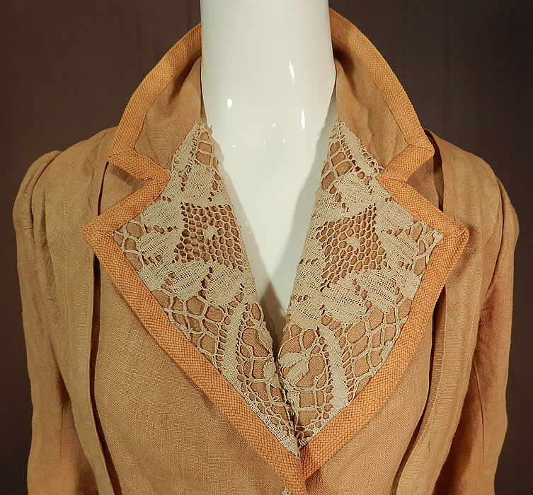 Edwardian Ecru Beige Linen Cream Cluny Lace Walking Suit Jacket Skirt
The skirt measures 38 inches long, with a 26 inch waist and 44 inch hips. Included is a matching fabric belt with no closures and measures 35 inches long, 2 1/4 inches wide. 