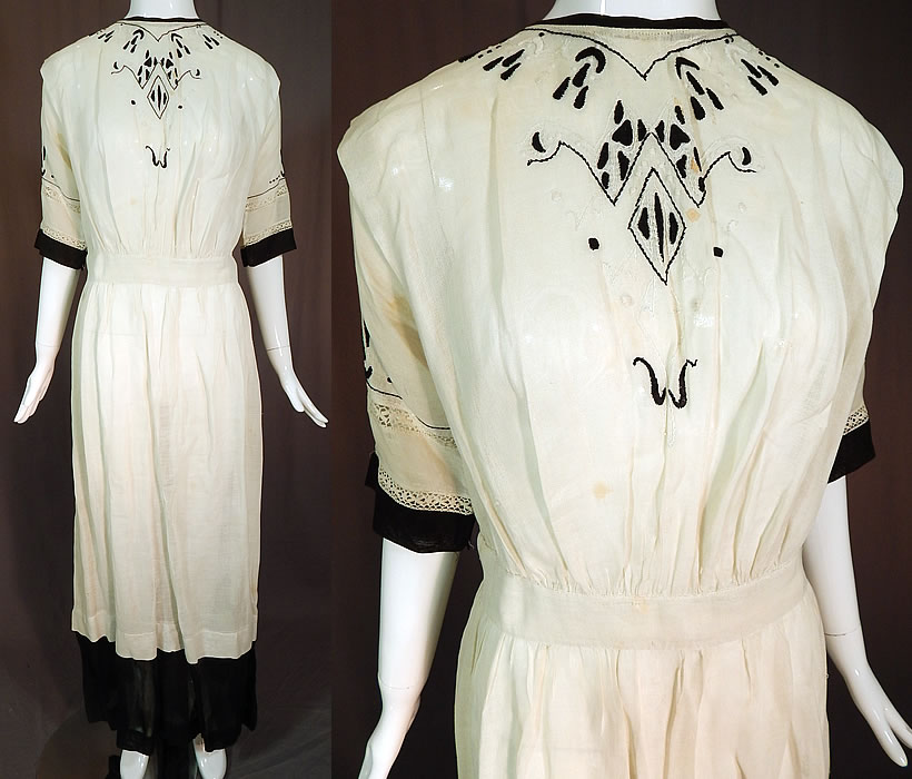 Edwardian Black White Muslin Cotton Arts & Crafts Embroidered Lace Dress
This vintage Edwardian era black and white muslin cotton Arts & Crafts embroidered lace dress dates from 1910.