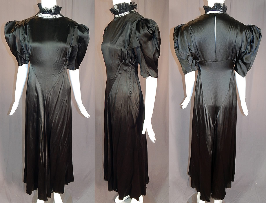 Vintage Black Silk Charmeuse Lace Ruffle High Collar Bias Cut Cocktail Dress
This vintage black silk charmeuse lace ruffle high collar bias cut cocktail dress dates from the 1940s. 