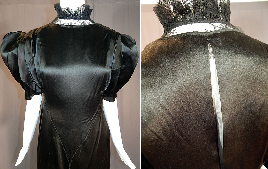 Vintage Black Silk Charmeuse Lace Ruffle High Collar Bias Cut Cocktail Dress
It is made of a black silk charmeuse satin weave fabric, with a black net lace ruffle trim collar and sheer black silk chiffon lining the top. 