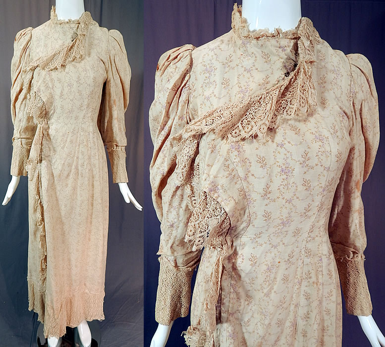 Victorian Lace Lavender Floral Cotton Calico Print Wrapper Robe Morning Dress
This antique Victorian era lace lavender floral cotton calico print wrapper robe morning dress dates from 1900. It is made of an off white cream color cotton calico print fabric with an olive green leaf and lavender floral pattern design. 