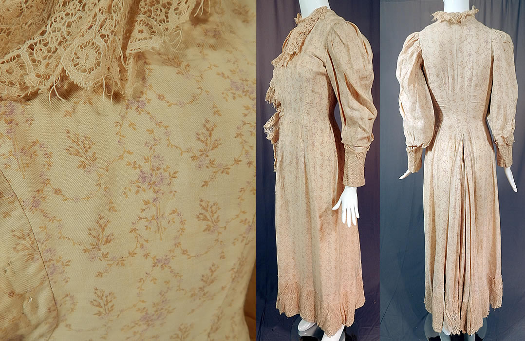 Victorian Lace Lavender Floral Cotton Calico Print Wrapper Robe Morning Dress
There is cream lace trim edging along the front side opening, bottom skirt hemline, neck collar and cuffs. This womens wrapper robe morning day dress is form fitting, a long floor length with pleated back drape skirt, high neck lace ruffle collar, gathered shoulders, long tapered mutton style sleeves, front side opening with hook closures and modesty panel insert camisole top with small breast pocket, front hook closures lining the inside bodice only. 