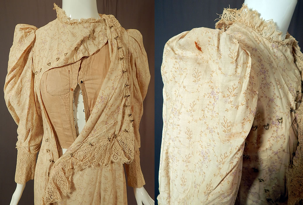 Victorian Lace Lavender Floral Cotton Calico Print Wrapper Robe Morning Dress
It is in good as-is condition, has not been laundered, with several small faint stains, a rust spot with frayed hole on the shoulder and some fraying along the lace trim edging (see close-ups). This is truly a wonderful piece of antique Victoriana textile art!