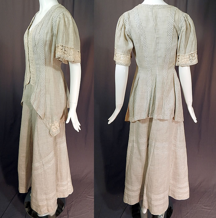 Edwardian Black & White Check Linen Cluny Lace Walking Suit Jacket Tailcoat Skirt
The top measures 26 inches long, with a 36 inch bust and 28 inch waist. 