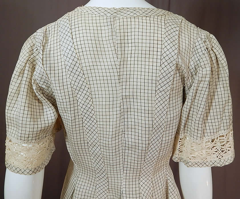 Edwardian Black & White Check Linen Cluny Lace Walking Suit Jacket Tailcoat Skirt
There is a matching fabric long full floor length skirt, with bottom pleating, snap closures and added tie on the back and is unlined.