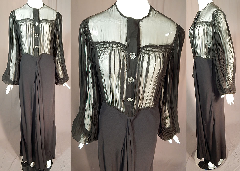 Vintage Black Silk Crepe Sheer Pleated Balloon Sleeve Cocktail Dress Evening Gown
This vintage black silk crepe sheer pleated balloon sleeve cocktail dress evening gown dates from the 1940s. It is made of a black silk crepe de chine fabric, with a black sheer chiffon pleated top.