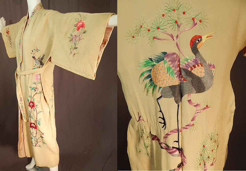 Vintage Chinese Yellow Silk Colorful Embroidered Duck Bird Belted Kimono Robe
This vintage Chinese yellow silk colorful embroidered duck bird belted kimono robe dates from the 1920s. 