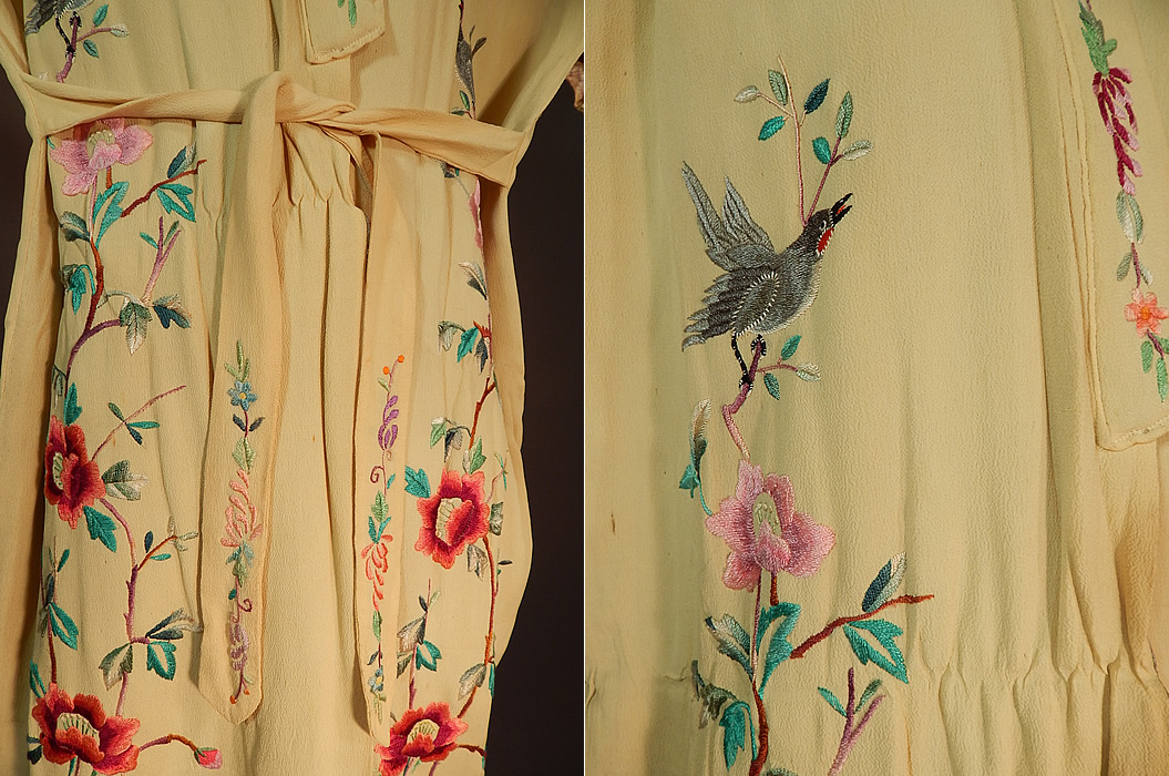 Vintage Chinese Yellow Silk Colorful Embroidered Duck Bird Belted Kimono Robe
This amazing Asian inspired kimono robe has an attached front sash belt tie closure with embroidered strap ends, kimono style sleeves and is fully lined in a red and white check checkered pattern silk fabric with cotton batting inside for added warmth.