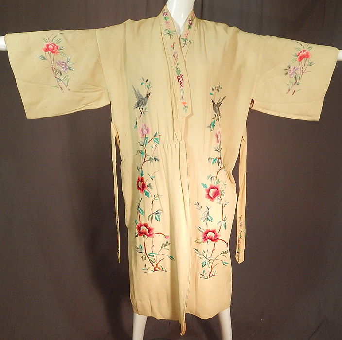 Vintage Chinese Yellow Silk Colorful Embroidered Duck Bird Belted Kimono Robe
The robe measures 50 inches long, with a 50 inch chest and 48 inch waist. 
