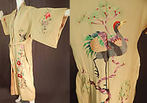 Antique Japanese Yellow Silk Embroidered Duck Bird Belted Kimono Robe
