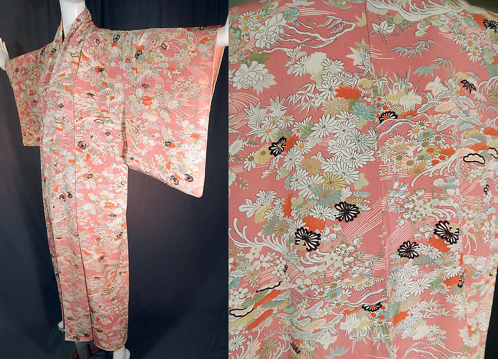 Vintage Japanese Geisha Pink Silk Screen Floral Water Waves Kimono
This vintage Japanese geisha pink silk screen floral water waves kimono robe dates from the Showa Period 1950s. It is made of a pink silk crepe de chine fabric with colorful pastel silk screen print flowers, leaves, waves of water and mountain designs. 