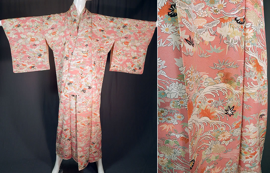 Vintage Japanese Geisha Pink Silk Screen Floral Water Waves Kimono
It is in good as-is condition, has not been laundered, with a few small faint age spot stains on the inside lining, staining discoloration on front top opening and bottom (see close-up). This is truly a wonderful piece of wearable Japanese kimono textile art.
