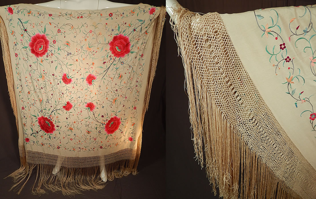 Antique Cream Silk Pastel Embroidered Pink Floral Roses Canton Piano Shawl
This antique cream silk pastel embroidered pink floral roses Canton piano shawl dates from the 1920s.