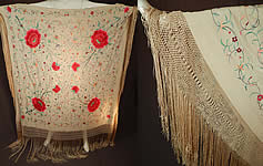 Antique Cream Silk Pastel Embroidered Pink Floral Roses Canton Piano Shawl