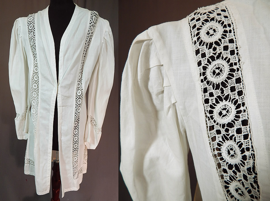 Edwardian Womens White Linen Lace Trim Walking Suit Jacket Coat
This vintage Edwardian era womens white linen lace trim walking suit jacket coat dates from 1910. It is made of a white fine linen fabric, with white lace trim inserts.