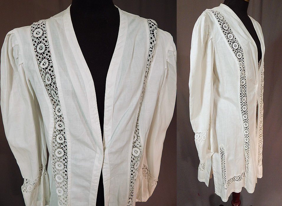 Edwardian Womens White Linen Lace Trim Walking Suit Jacket Coat
This sensational summer womens walking suit jacket is a long mid length, with side and back vent slits for easy movement, gathered shoulders, long full sleeves tapered down to a point at the cuffs, a single hook closure on the front and is unlined.