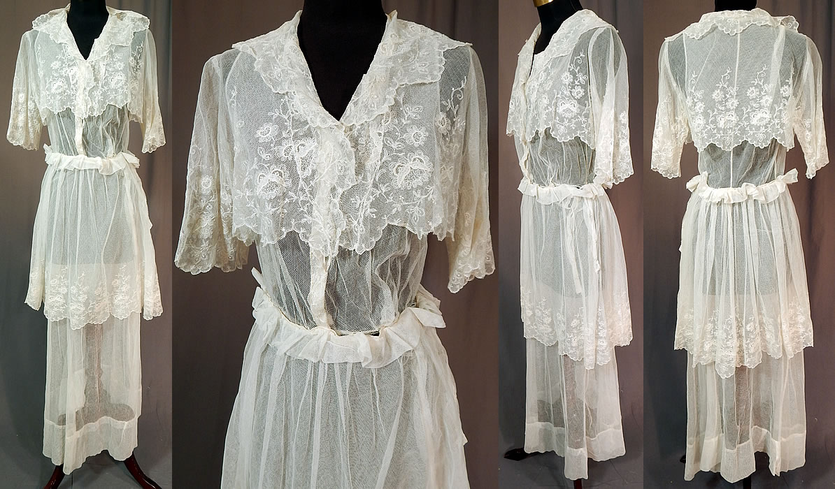 Titanic Edwardian Embroidered White Tulle Net Lace Crop Top Dress Tea Gown
This vintage Titanic Edwardian era embroidered white tulle net lace crop top dress tea gown dates from 1912. It is made of a sheer white tulle net fabric, with white embroidery work done in floral vine leaf designs and Rose Point de Gaze style lace.