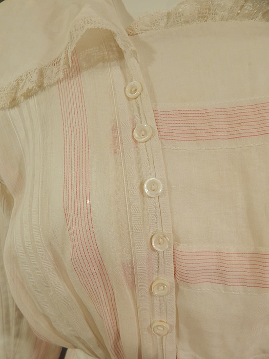 Edwardian White Cotton Pink Stripe Sailor Collar Middy Top Tea Dress
It is in good as-is condition, has not been laundered, with a few faint age spot stains and tiny pin holes on the skirt. This is truly a wonderful piece of wearable textile art! 