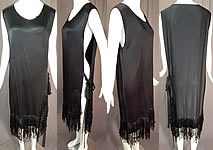 Vintage Black Silk Crepe de Chine Knotted Fringe Flapper Tabard Tunic Dress 
