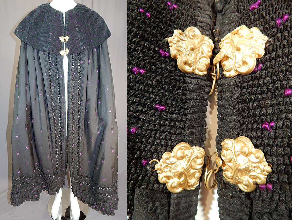 Victorian Purple Black Silk Damask Large Embroidered Shawl Collar Cloak Cape
This Victorian era antique purple and black silk damask large embroidered shawl collar cloak cape dates from the 1900.