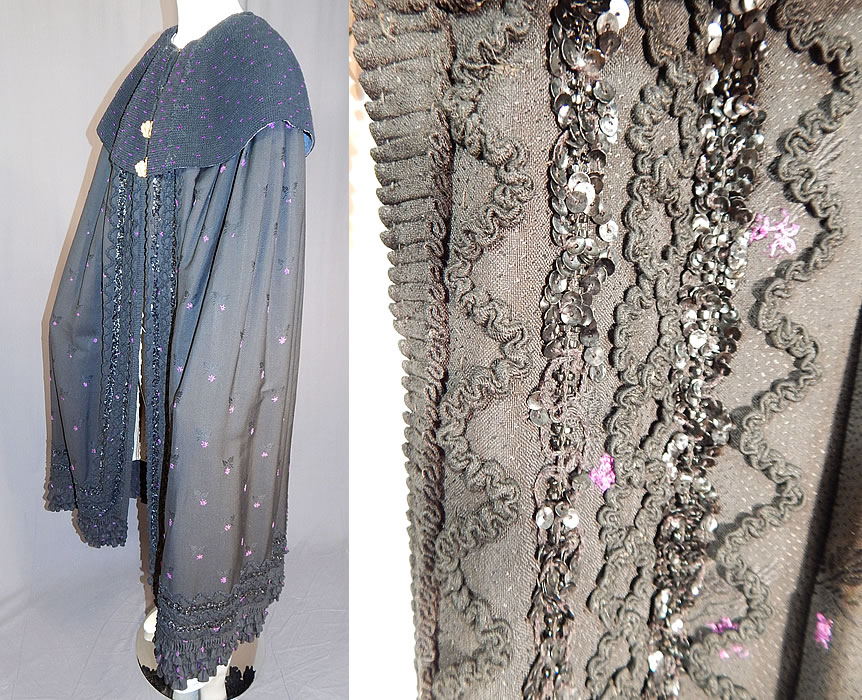 Victorian Purple Black Silk Damask Large Embroidered Shawl Collar Cloak Cape
This wonderful womens winter cloak cape is a long floor length, with a large hand stitched embroidered purple and black tiny tucks gathering heavy shawl collar backed in a blue chambray denim fabric, hook closure on the front, with decorative gold brass chain link hook clasps, sequin beaded, pleated ruffle trim edging along the front opening, bottom hem and is fully lined in a soft flannel cotton striped ticking fabric lining inside. 