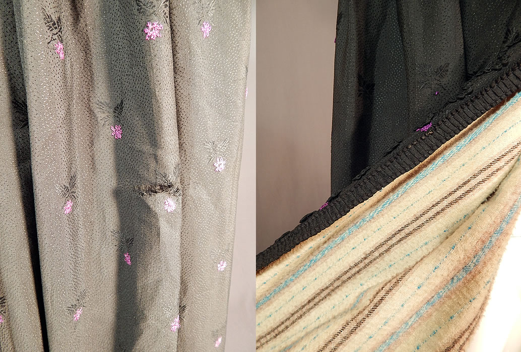 Victorian Purple Black Silk Damask Large Embroidered Shawl Collar Cloak Cape
It is in good as-is condition, with two small frayed splits in the silk fabric under the back collar and near the bottom back skirt (see close-up). This is truly a rare and exceptional piece of antique Victoriana European textile art!