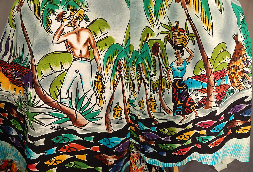 Vintage Uncut Hand Blocked Fish Shirtless Man Signed Mexico Circle Skirt Fabric
It is in excellent unused condition and ready to be created into a skirt. This is truly an amazing and rare find which has wonderful graphic art work and is a great piece of Mexican textile art!