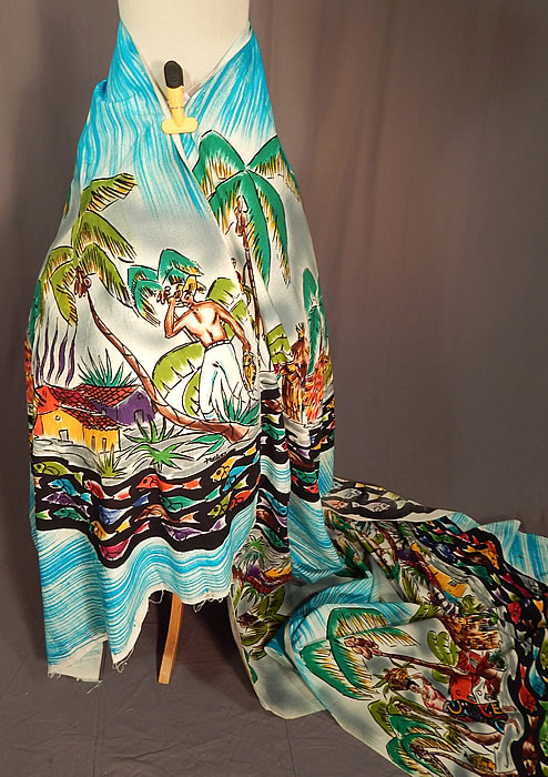 Vintage Uncut Hand Blocked Fish Shirtless Man Signed Mexico Circle Skirt Fabric
It is made of a cotton fabric, with a bright vibrant colorful hand blocked painted designs of a tropical seaside village scene with palm trees, grass huts, women carrying a fruit basket on their head, a handsome sexy shirtless man carrying a fish and multicolor fish black border.
