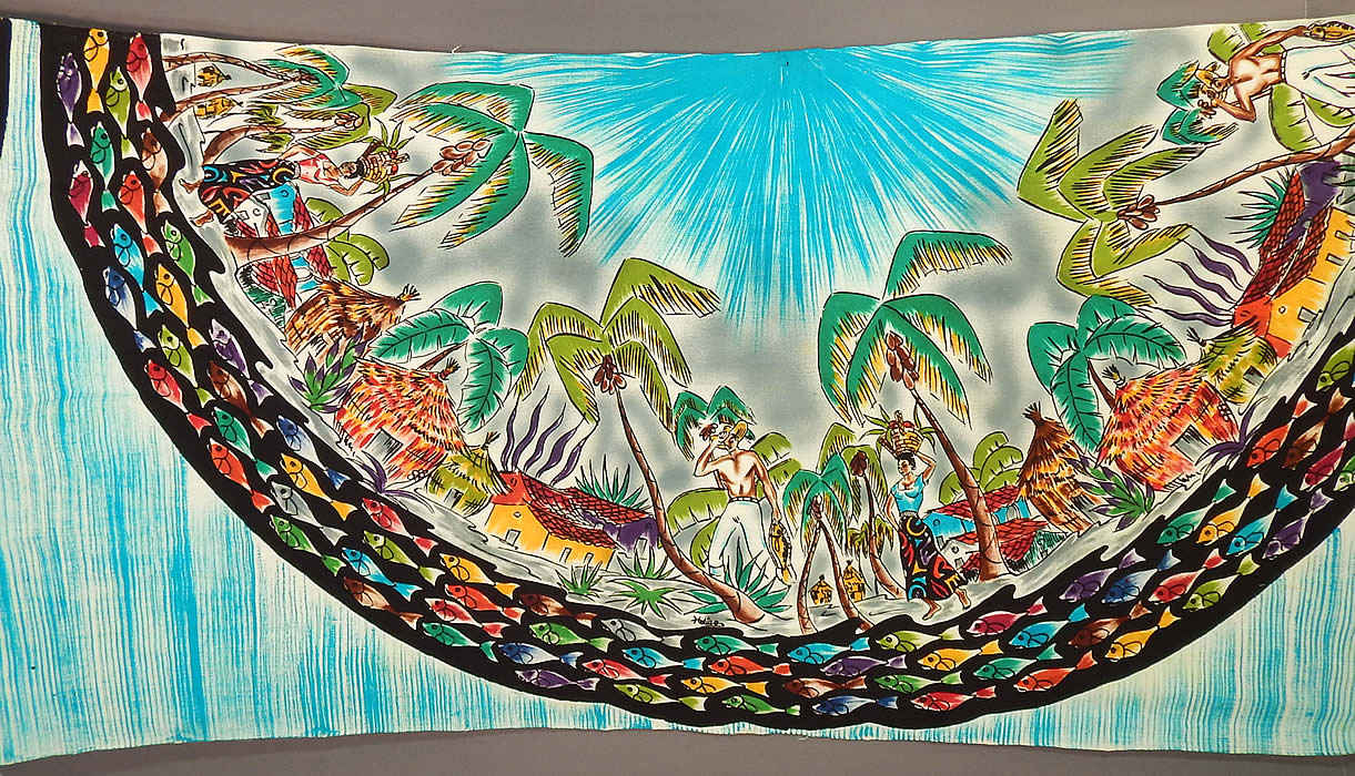 Vintage Uncut Hand Blocked Fish Shirtless Man Signed Mexico Circle Skirt Fabric
This rare unused uncut fabric would have been used to create a full circle skirt and has two matching painted panels still attached into one long piece of fabric. 
