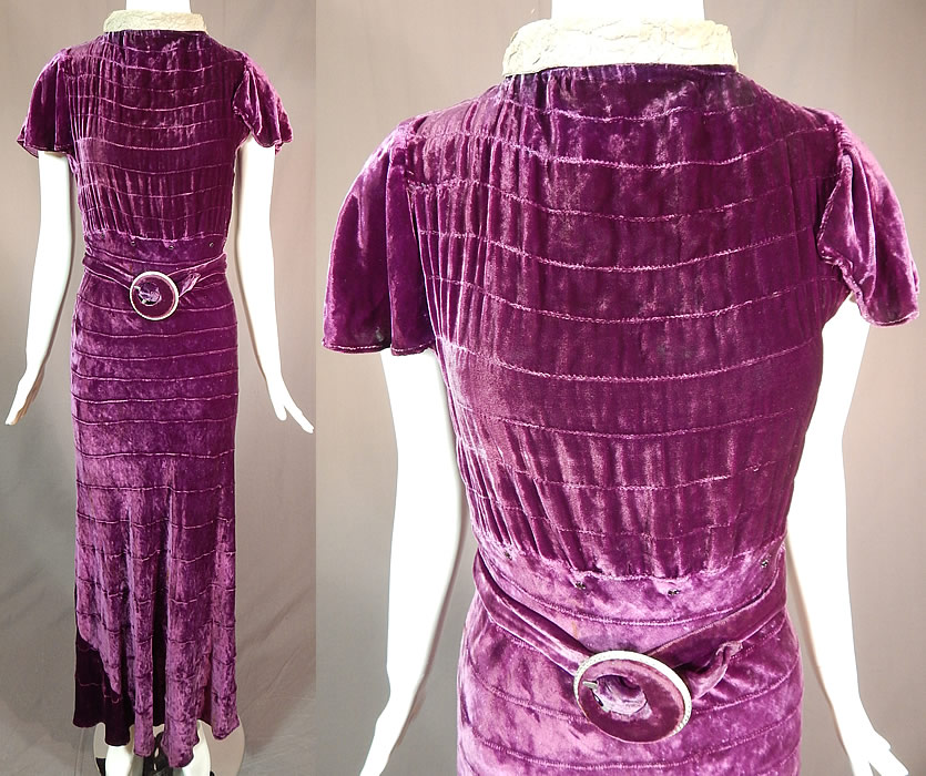 Vintage Art Deco Purple Pintuck Pleated Velvet Belted Evening Gown Dress
This vintage Art Deco purple pintuck pleated velvet belted evening gown dress dates from the 1930s.
