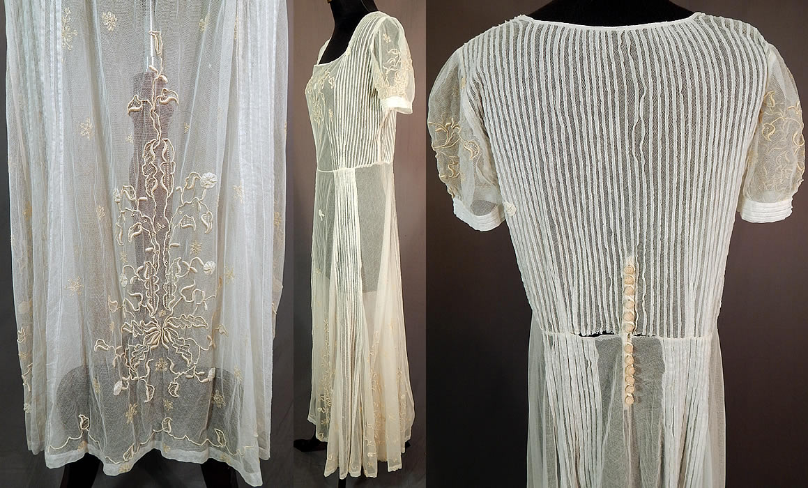 Vintage White Tulle Net Pintuck Pleat Embroidered Lace Applique Maxi Dress
This lovely lace dress has a squared neckline, short puffy sleeves, fitted waist, long floor length full skirt, crochet buttons on the back for closure and is sheer, unlined. 
