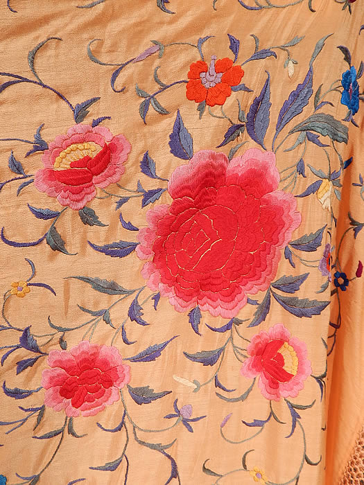 Antique Pink Silk Embroidered Floral Roses Canton Manton Manila Piano Shawl
There is a fabulous heavy hand knotted macram&eacute; pink silk fringe measuring 22 inches long surrounding the entire shawl with rounded corners. 
