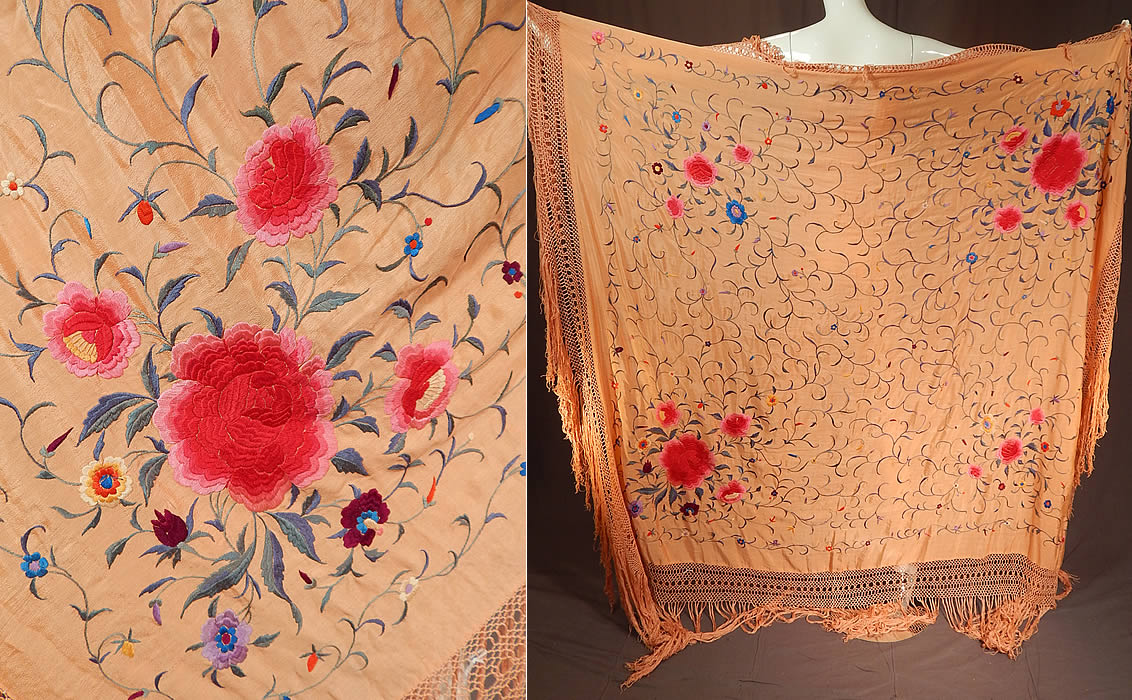 Antique Pink Silk Embroidered Floral Roses Canton Manton Manila Piano Shawl
The shawls fabric square measures 62 by 62 inches. 