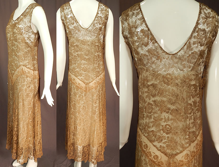 Vintage Gold Metallic Lam&eacute; Lame Lace Drop Waist Flapper Dress & Gray Silk Slip
The dress measures 53 inches long, with a 38 inch bust, 30 inch waist and 36 inch hips. Included is a gray silk slip shift dress, with a loose fitting drop waist style and measures 46 inches long, with a 38 inch bust and 44 inch waist. 