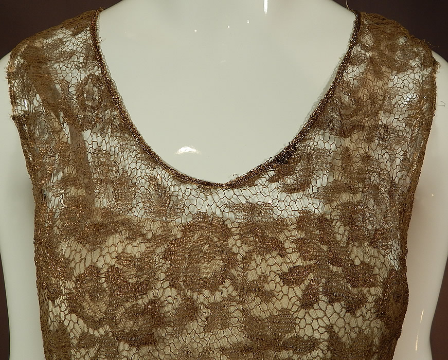 Vintage Gold Metallic Lam&eacute; Lame Lace Drop Waist Flapper Dress & Gray Silk Slip
The dress is in excellent condition. This is truly a rare and exceptional piece of wearable textile lace art!
