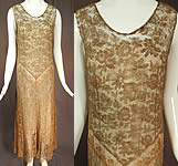 Vintage Gold Metallic Lam&eacute; Lame Lace Drop Waist Flapper Dress & Gray Silk Slip 
