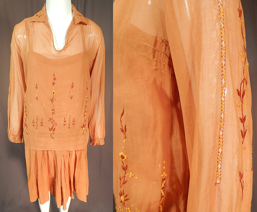 Vintage Brown Cotton French Knot Embroidery Boho Peasant Slip Dress & Blouse
This vintage brown cotton French knot embroidery boho peasant slip dress and blouse dates from the 1920s. It is made of a orangish light brown color cotton muslin sheer fabric, with brown and yellow raised padded satin stitch, French knot, drawn thread, embroidery work of vine leaf flowers on the top, collar and sleeves. 
