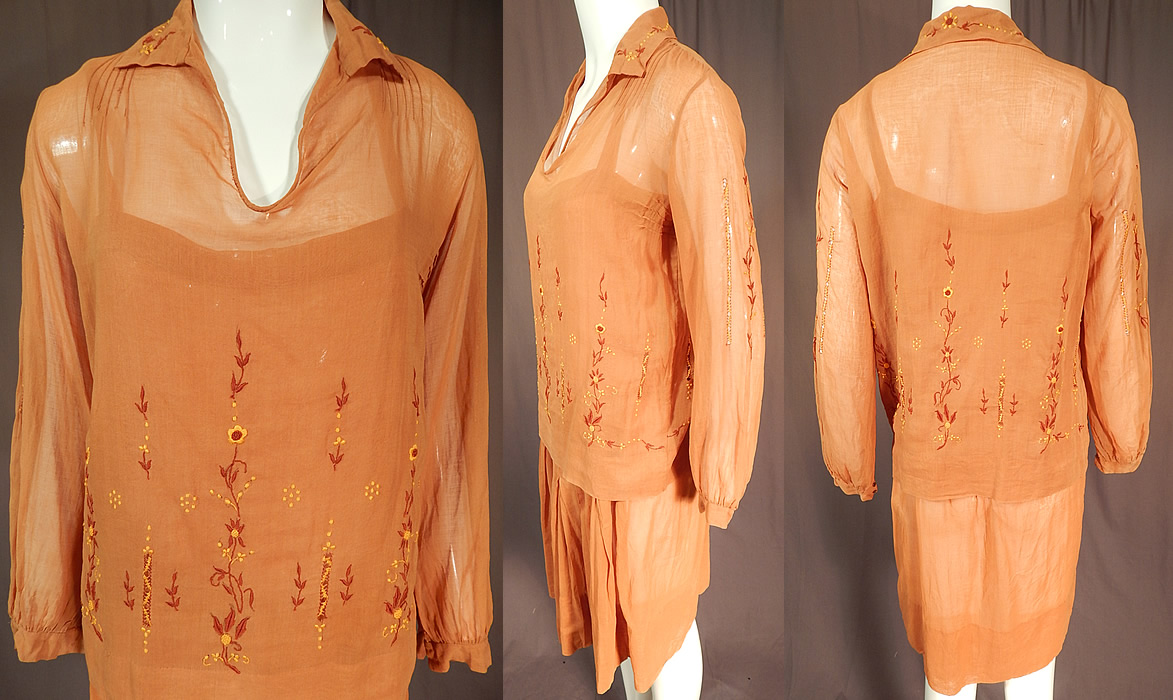Vintage Brown Cotton French Knot Embroidery Boho Peasant Slip Dress & Blouse
This pretty peasant dress two piece outfit has a loose fitting straight shift style slip dress with a drop waist, short skirt with pleated front, shoulder straps and is sheer, unlined. 