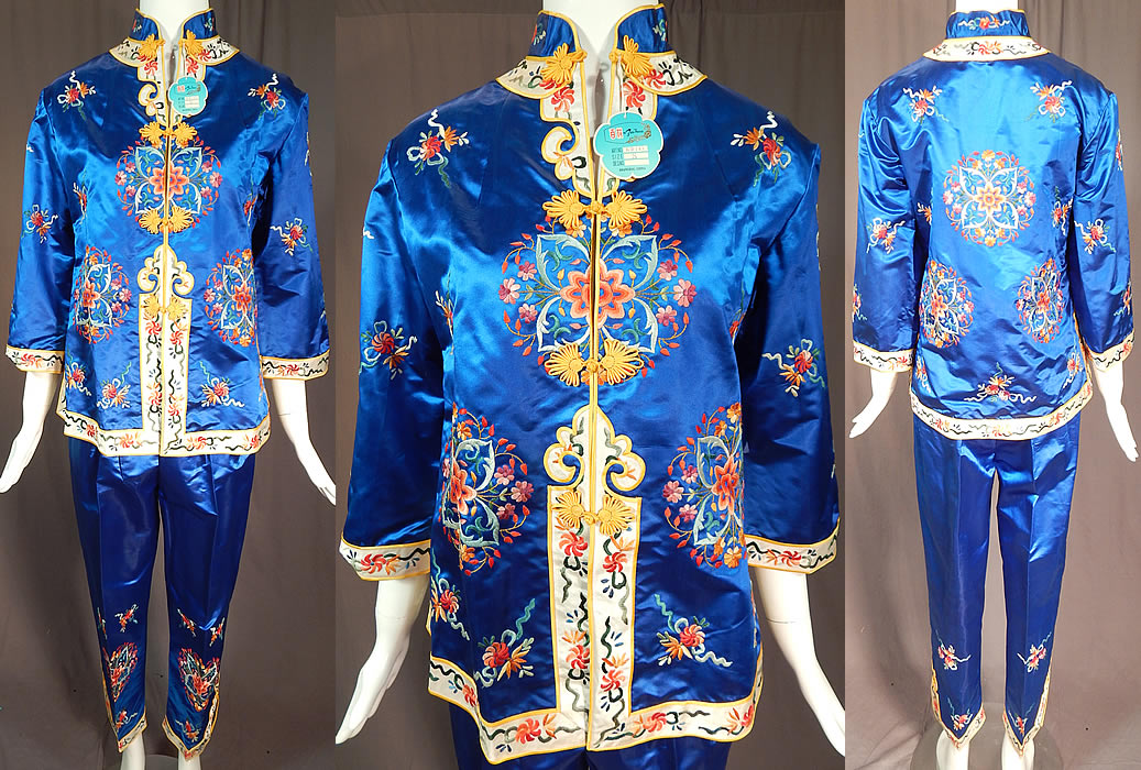 Vintage Bai hua Chinese Blue Silk Rayon Embroidered Pajamas Pants Robe NWT
This vintage Bai hua Chinese blue silk rayon embroidered pajamas, pants, robe NWT dates from the 1960s. It is made of a royal bright blue color silk rayon blend fabric, with colorful embroidery work of flowers done in roundel medallions. 