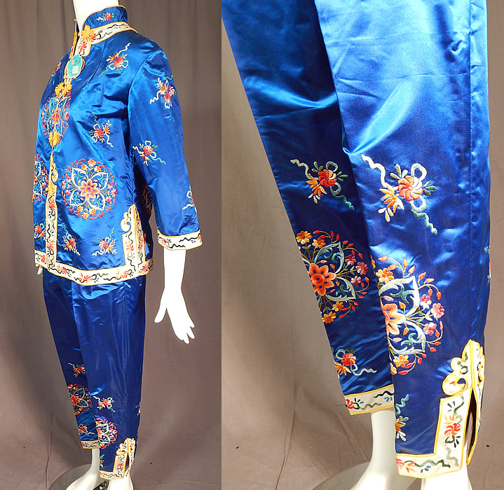 Vintage Bai hua Chinese Blue Silk Rayon Embroidered Pajamas Pants Robe NWT
The robe measures 25 inches long, with a 36 inch bust and 34 inch waist. 