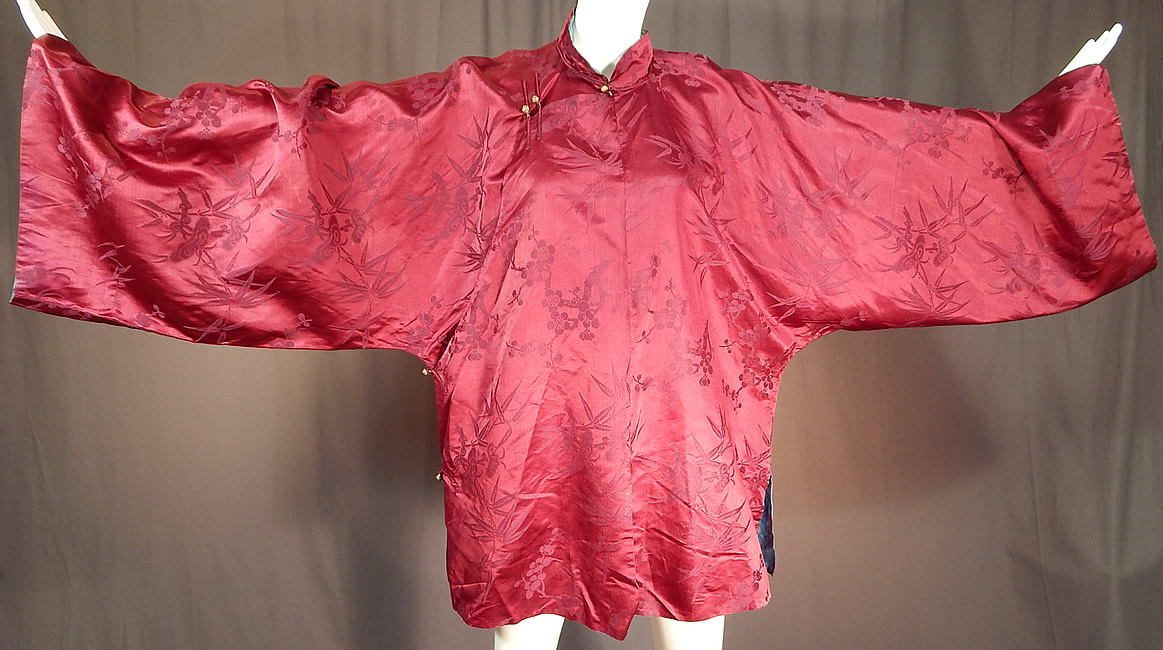 Antique Chinese Red Silk Damask Cherry Blossom Bamboo Brocade Magua Robe
It is made of a dark red burgundy color silk damask weave cherry blossom, bamboo woven pattern brocade fabric. 